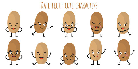 Date fruit cute funny cheerful characters with different poses and emotions.