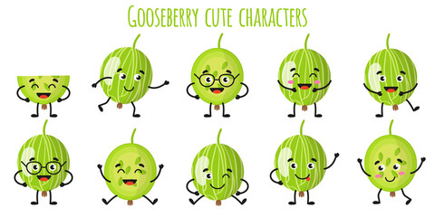 Obraz premium Goosebarry fruit cute funny cheerful characters with different poses and emotions.