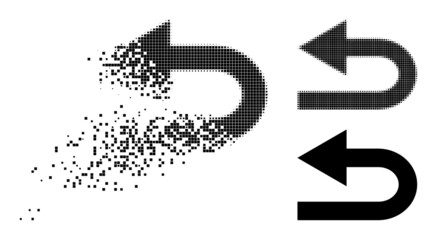 Dissipated dot turn left pictogram with wind effect, and halftone vector pictogram. Pixelated erosion effect for turn left gives speed and movement of cyberspace items.