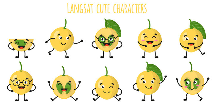 Langsat fruit cute funny cheerful characters with different poses and emotions.