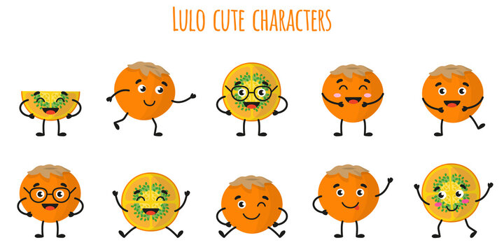 Lulo fruit cute funny cheerful characters with different poses and emotions.