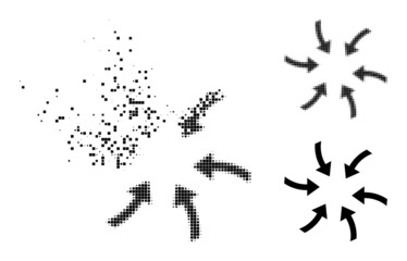 Dust pixelated twirl arrows icon with destruction effect, and halftone vector pictogram. Pixelated destruction effect for twirl arrows reproduces speed and motion of cyberspace matter.