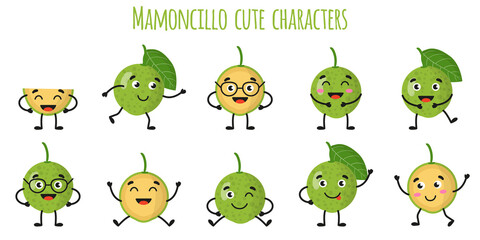 Obraz premium Mamoncillo fruit cute funny cheerful characters with different poses and emotions.