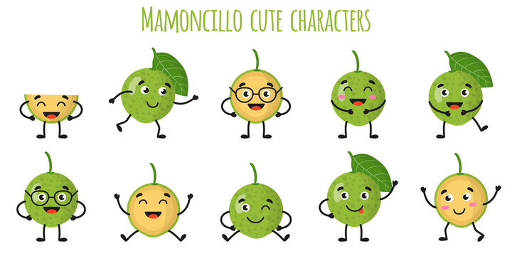 Mamoncillo fruit cute funny cheerful characters with different poses and emotions.