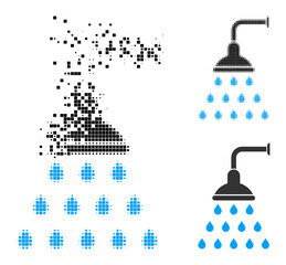 Fragmented dotted shower icon with wind effect, and halftone vector icon. Pixelated erosion effect for shower shows speed and motion of cyberspace things.