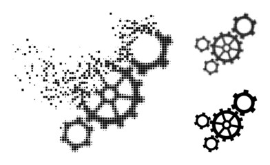 Dissolving pixelated mechanism icon with destruction effect, and halftone vector pictogram. Pixelated dissolution effect for mechanism reproduces speed and motion of cyberspace objects.