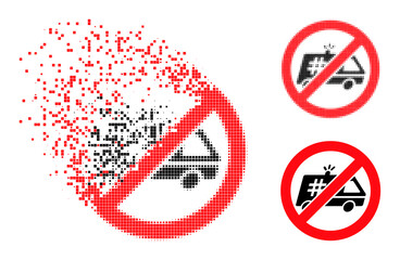 Damaged pixelated stop jail police car pictogram with destruction effect, and halftone vector pictogram.