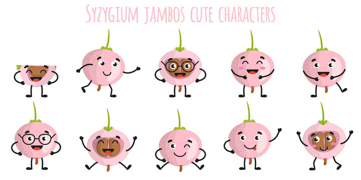 Syzygium jambos fruit cute funny cheerful characters with different poses and emotions.