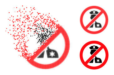 Erosion pixelated no entry police glyph with wind effect, and halftone vector pictogram. Pixelated dematerialization effect for no entry police shows speed and movement of cyberspace items.