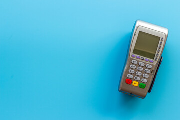 Pos credit card terminal, top view. Payment transactions concept