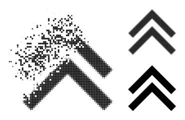 Fractured pixelated shift up pictogram with destruction effect, and halftone vector symbol. Pixelated disappearing effect for shift up gives speed and movement of cyberspace concepts.