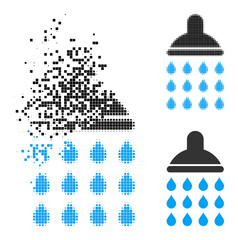 Fototapeta na wymiar Dissolving dot shower icon with destruction effect, and halftone vector icon. Pixelated destruction effect for shower demonstrates speed and motion of cyberspace concepts.