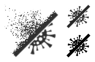 Disappearing pixelated no contagious virus glyph with destruction effect, and halftone vector composition.