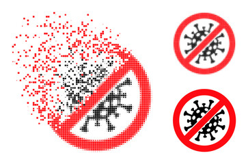 Fractured pixelated stop covid-19 virus icon with destruction effect, and halftone vector icon.