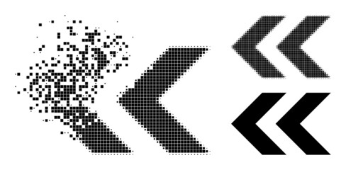 Moving pixelated shift left icon with destruction effect, and halftone vector pictogram. Pixelated explosion effect for shift left shows speed and movement of cyberspace abstractions.