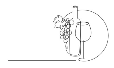 Wine glass, a bottle of wine and grapes. Still life. Sketch. Line draw. Décor.