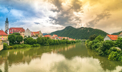 Obraz premium The charming little town of Frohnleiten on the Mur river in the district of Graz-Umgebung, Styria region, Austria