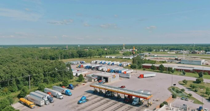 05 JULY STRAFFORD MISSOURY USA: Aerial view of transportation, gas station with truck at fueling station truck stop near interstate highway
