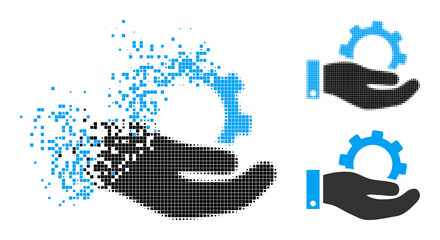 Destructed dotted service glyph with destruction effect, and halftone vector pictogram. Pixel destruction effect for service demonstrates speed and motion of cyberspace abstractions.
