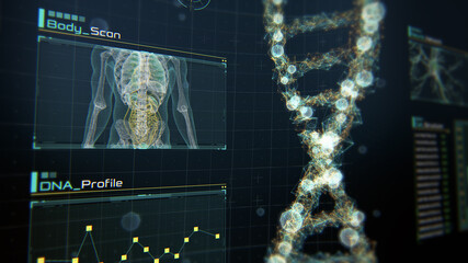 DNA Strand molecule close up with anatomy infographics. Analyzing DNA Structure, genes and genetic disorders, science.