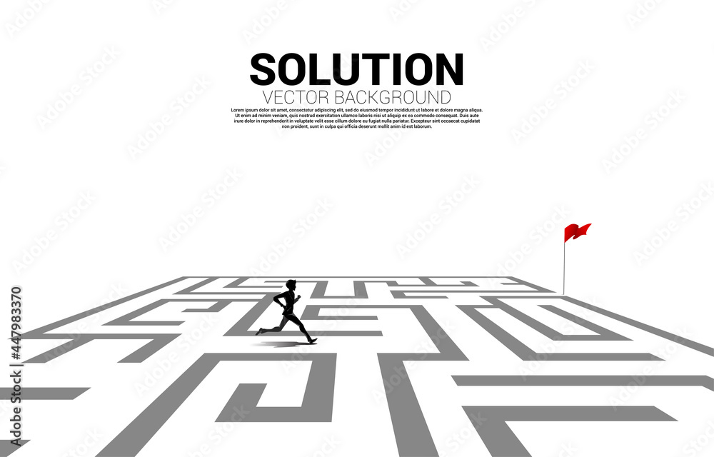 Poster Silhouette of businessman running in maze to red flag. business concept for finding solution and reach goal