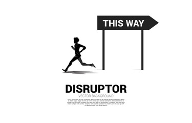 Silhouette businessman running opposite way with direction signage. Concept of start up business and disruptor.
