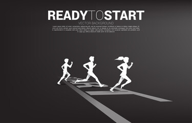 Silhouette of businessman and businesswoman ready to running from start line. Concept of people ready to start career and business