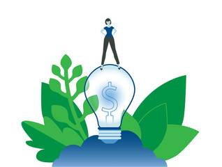 Green business eco idea vector concept. Corporate eco friendly social responsibility. Lamp idea money success illustration.