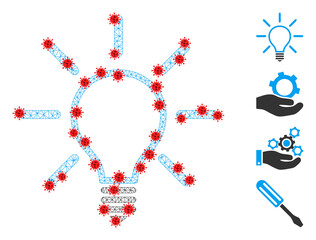 Polygonal light bulb in infection style. Polygonal carcass light bulb image in low poly style with connected linear items and red infection nodes.