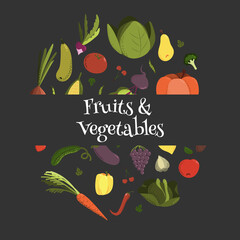 Colorful doodle vegetables and fruits. Different kinds of fresh food. Poster template. Hand drawn vector illustration on black background.