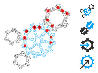Polygonal mechanism in infection style. Mesh carcass mechanism image in lowpoly style with structured linear items and red infection centers. Vector model is created from mechanism with virus centers.