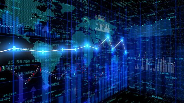 4K financial stock chart;Business tech digital Data trend hud Graph;Financial business diagram with charts and stock numbers showing profits and losses over time dynamically.world map.