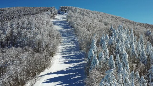 Aerial drone view over the slopes and snowy mountain forest, in Aspromonte, Italy