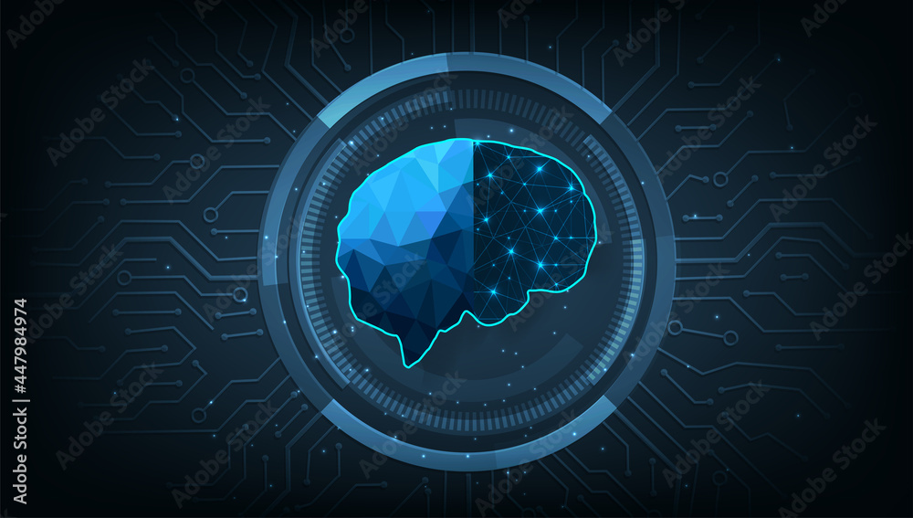 Fototapete Artificial intelligence technology concept(AI).Brain outline made from polygon  in robot digital computer interpretation and Machine Learning Concept on digital electric circuit circle background.