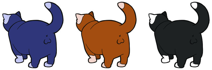 Spotted cat with large testicles. Back view. Black, red and blue cat. 