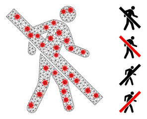 Polygonal forbidden walking man with lockdown style. Polygonal carcass forbidden walking man image in low poly style with connected lines and red coronavirus centers.