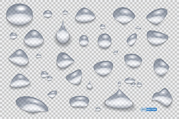 set of realistic transparent water drops or water drop liquid clear style or realistic aqua drop splashes concept. eps vector