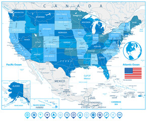 USA Road Map in colors of blue and map pointers