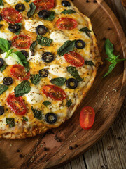 Italian pizza on a large wooden platter. Beautifully decorated with tomatoes, cheese, olives, basil leaves. High angle view. Macro photography. Restaurant cuisine, pizzeria, cafe, cookbook.