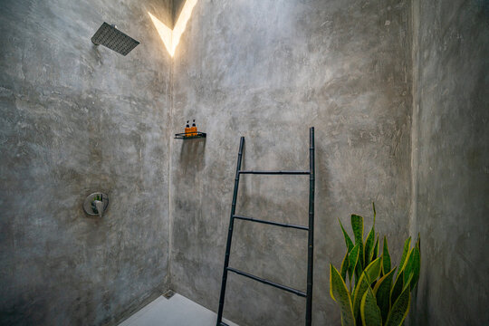 Modern luxury bathroom with polished concrete on the walls. Shower with stainless steel shower and tropical decorative plant