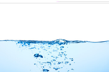 Light blue water wave with air bubbles and a little bit splashed underwater, studio shot isolated on white background. The abstract clean surface on liquid
