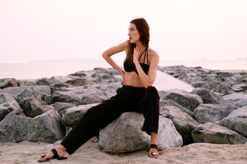 Portrait of beautiful pretty brunette woman