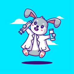 Cute Cartoon Vector Illustrations Bunny Doctor Holding Vaccine Equipment. Medicine and Vaccination Icon Concept