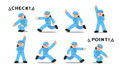 指を指して確認するポイントを説明する女性作業員のイラストセット（手描きカラー）