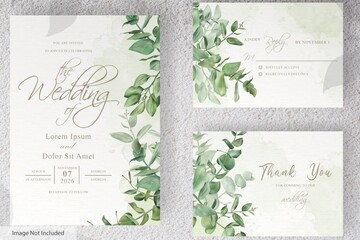 set of greenery wedding invitation card template design of eucalyptus leaves