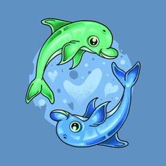 two little dolphin playing together grunge style illustration vector