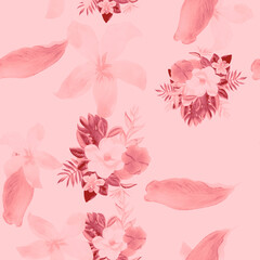 Pink Seamless Palm. Gray Pattern Art. White Tropical Leaves. Coral Flower Leaves. Flora Textile. Watercolor Botanical. Floral Botanical. Summer Vintage.