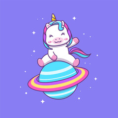 Cute kawaii unicorn sitting on the planet cartoon illustration © boex