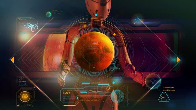 An alien is studying data on Mars, 3D render.