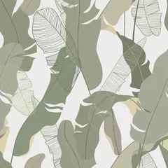 Fotobehang Foliage seamless pattern, hand drawn banana leaves on bright grey © momosama